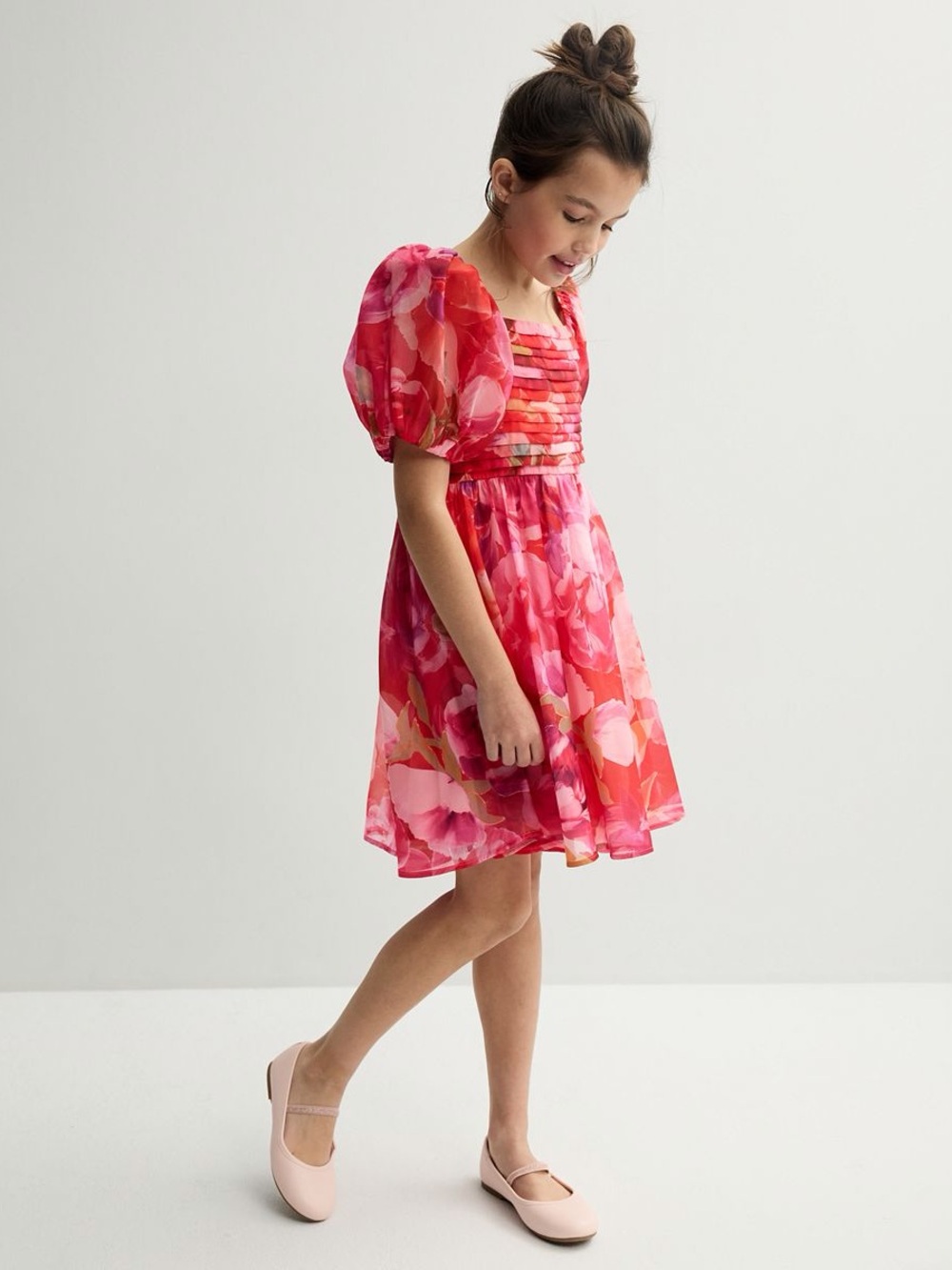Pink Floral Organza Puff Sleeved Dress